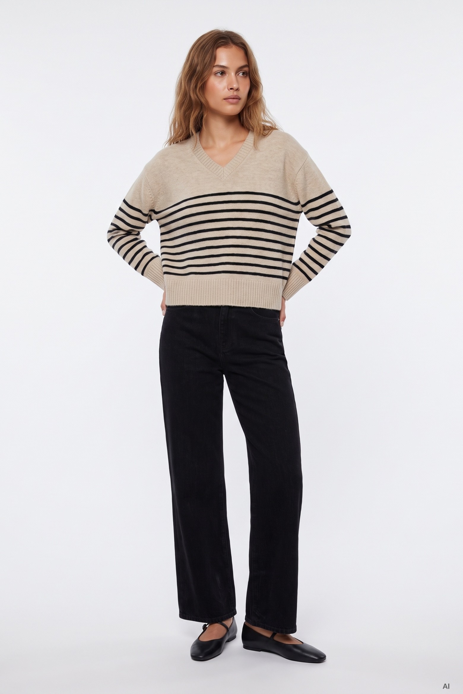 Beige Striped V-Neck Sweater