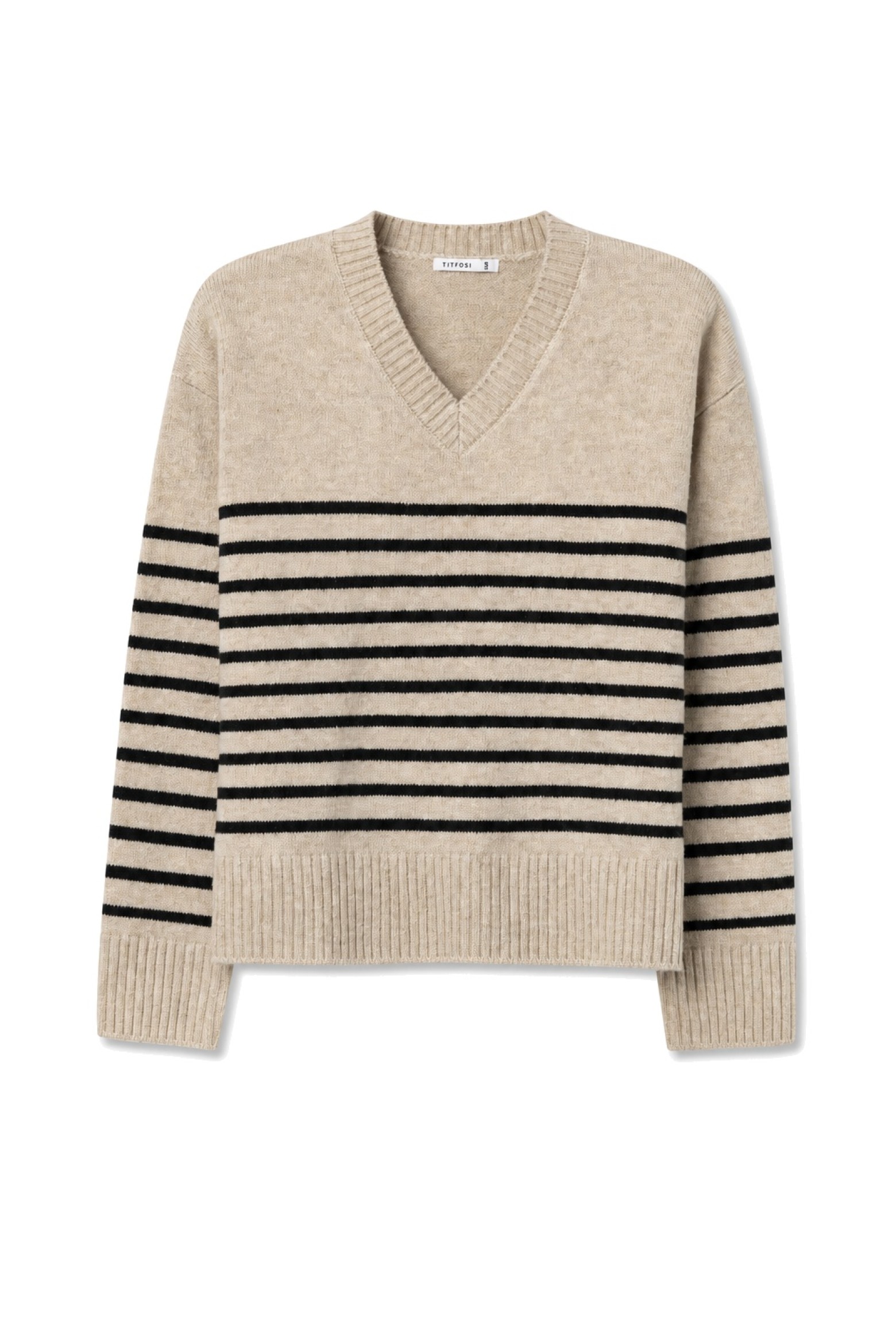Beige Striped V-Neck Sweater