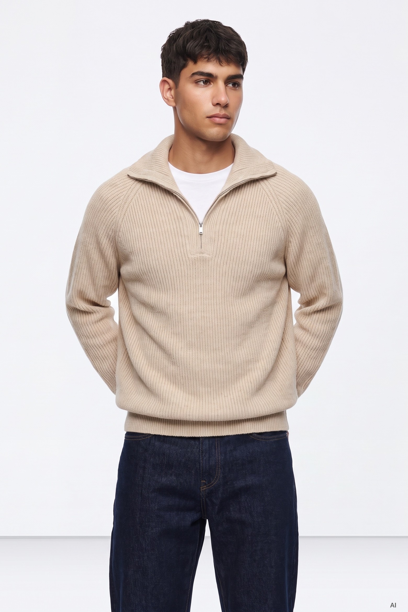 Beige Quarter-Zip Sweater