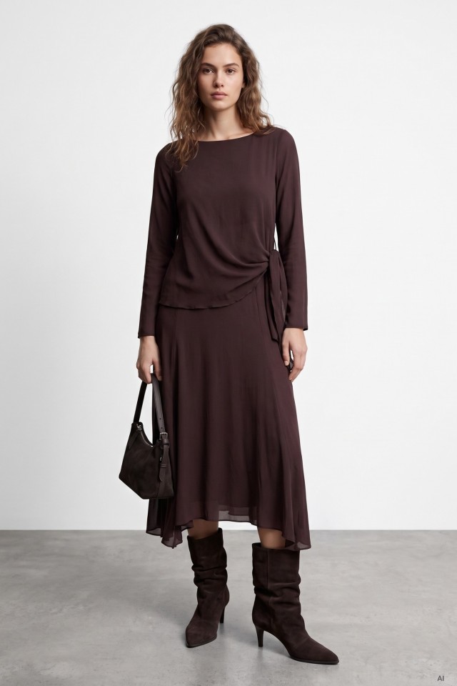Brown Draped Midi Dress Brown Draped Midi Dress